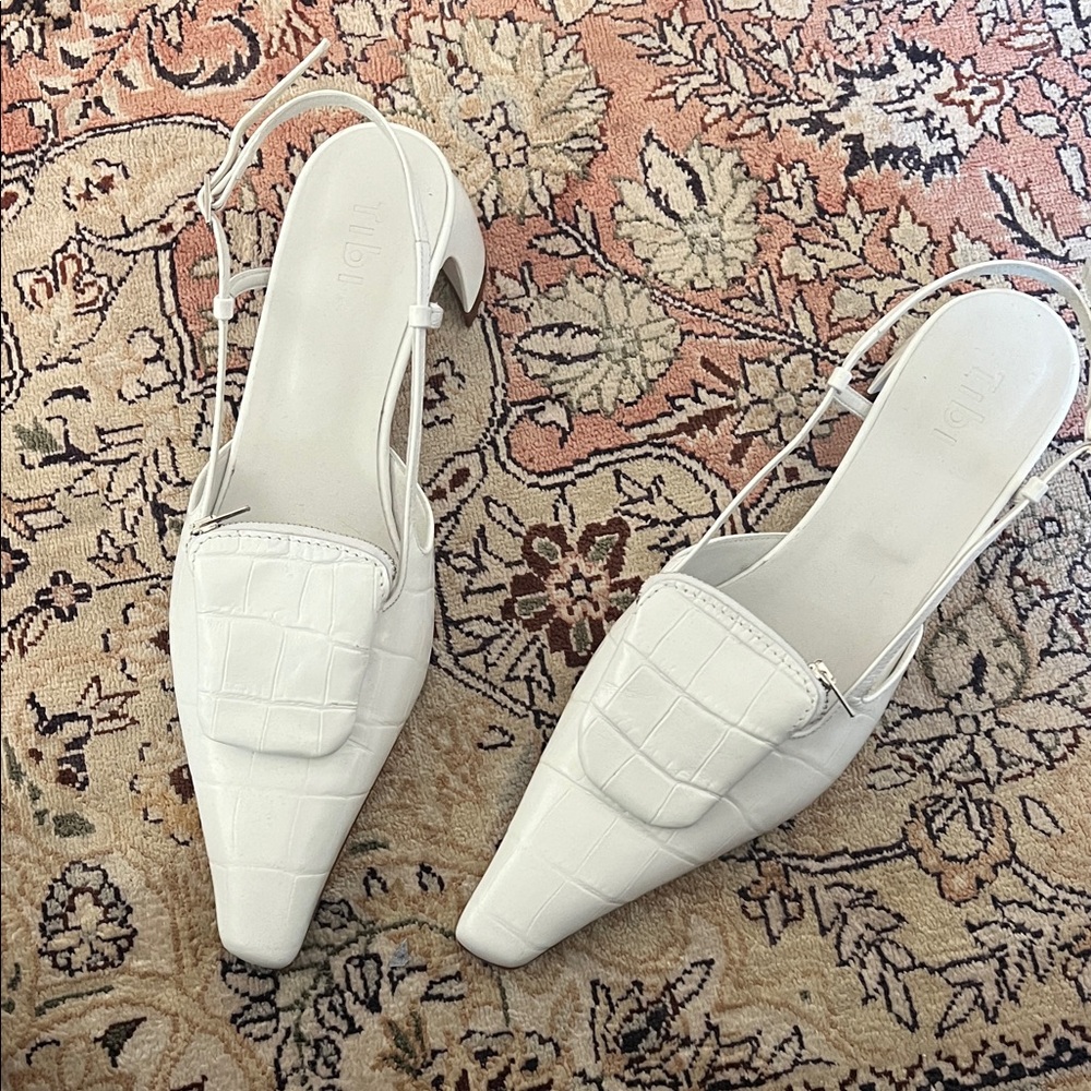 Tibi Ivory Croc-Pattern Slingback Heels